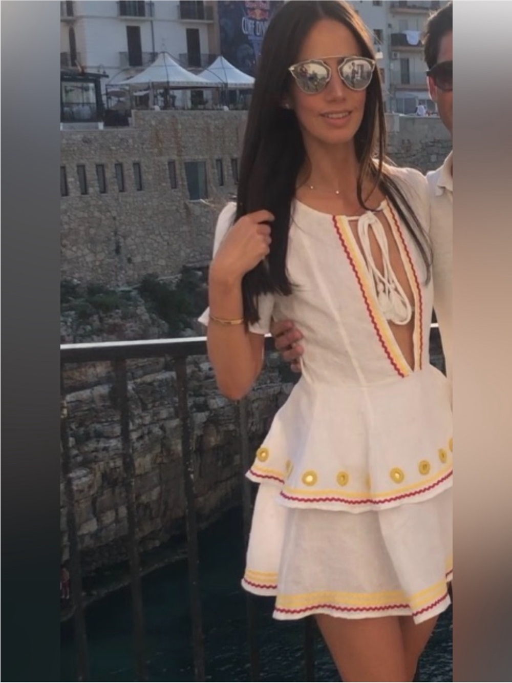 Tularosa White Mini Dress with Yellow and Red Trim linen! Worn once